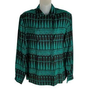Ann May Blouse Silk Button Down Black Green Tassel Print Long Sleeve Medium